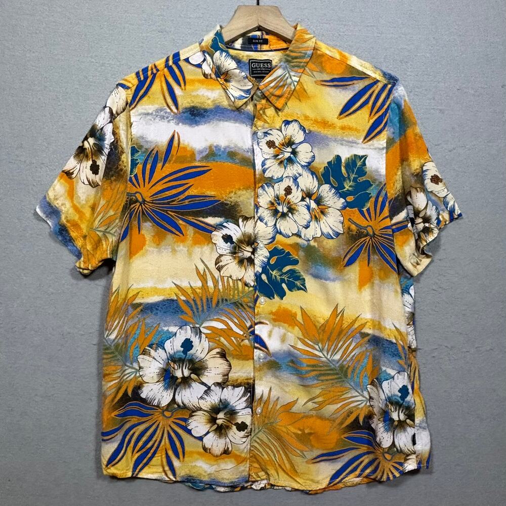 Guess Mens‎ Hawaiian Shirt Large Tropical Floral Hibiscus Vacation Lightweight
